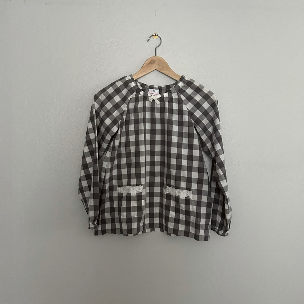 Hanna Andersson Gingham Blouse with Lace Trim Pockets